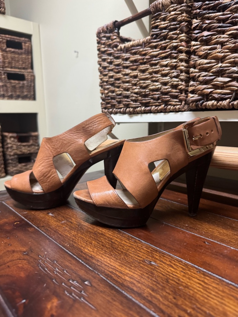 Michael Kors Carla Women's Tan Leather High Heel Sandals with Buckle